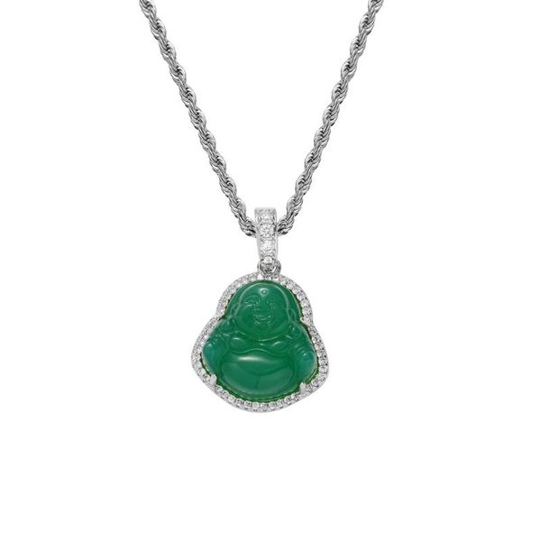 Collane con ciondolo Catena in corda di acciaio inossidabile Micro pavimenta Zircone cubico Ciondoli di Buddha in pietra naturale verde Collana per gioielli da uomo e da donna