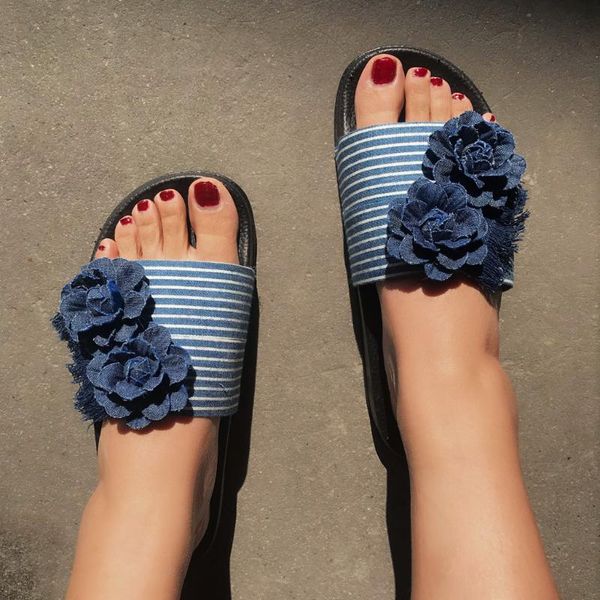 

slippers denim flowers summer womens flip-flops breathable flats slip on peep toe shoes 2021 casual calzado mujer blue, Black