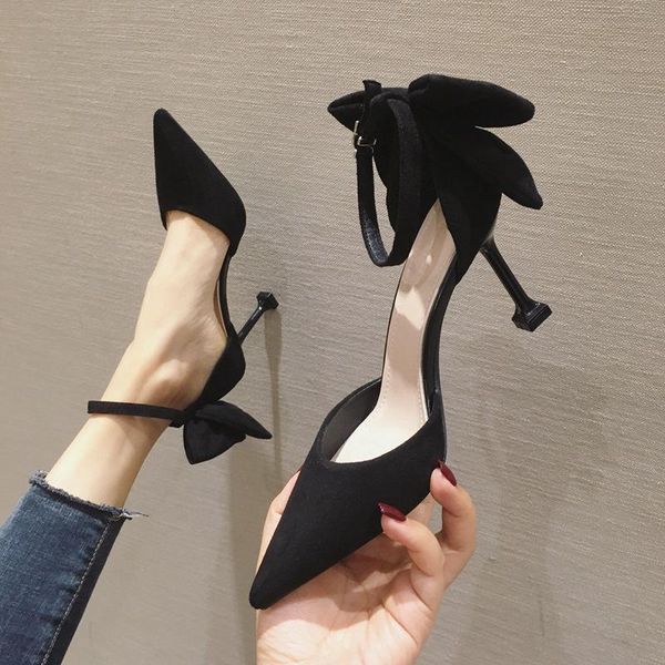 

dress shoes fashion 2021 women black suede pointed toe stilleto bow heels ankle strap pumps woman party high heel