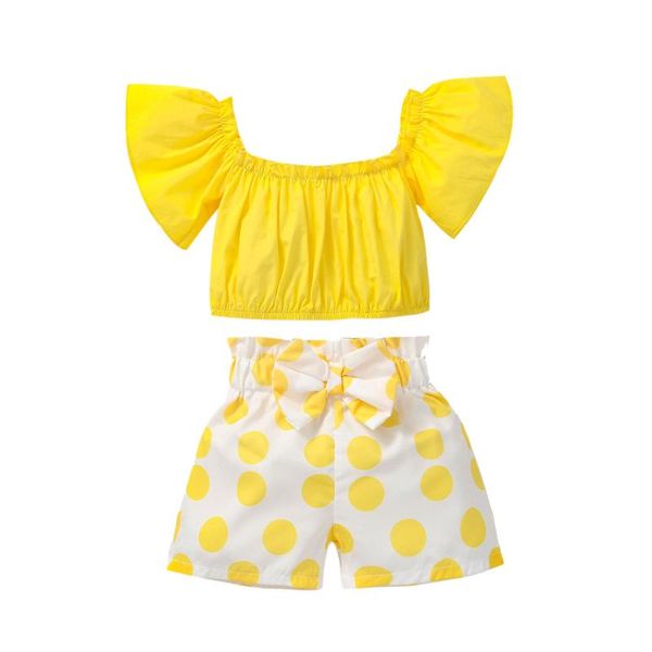 

clothing sets fashion for toddler baby girls off shoulder solid and polka dot printed shorts outfits 2021 summer, White