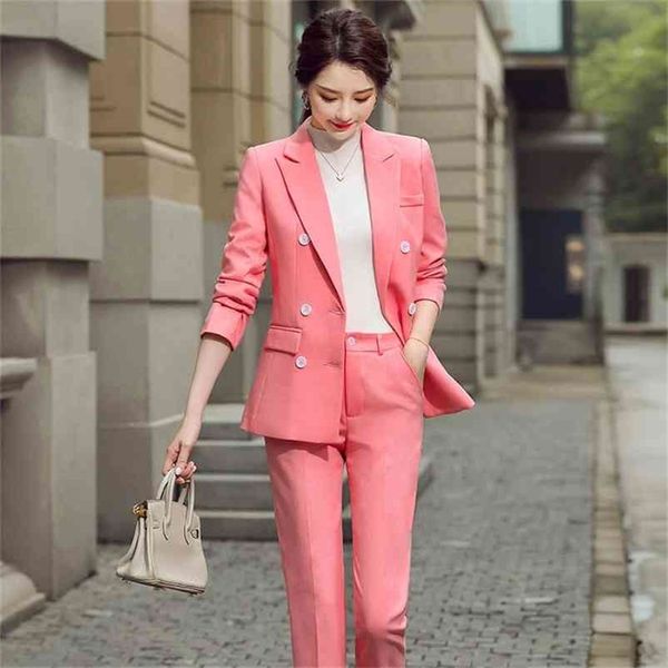 Inverno de Alta Qualidade Plus Size Calças Femininas Suits Two-Peça Casual Dupla-Breasted Professional Ladies Jacket Slim elegante 210527