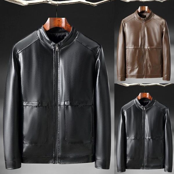 

men's jackets men jacket zipper closure stand collar faux leather warm windproof solid color slim-fit pockets motorcycle outwear autumn, Black;brown