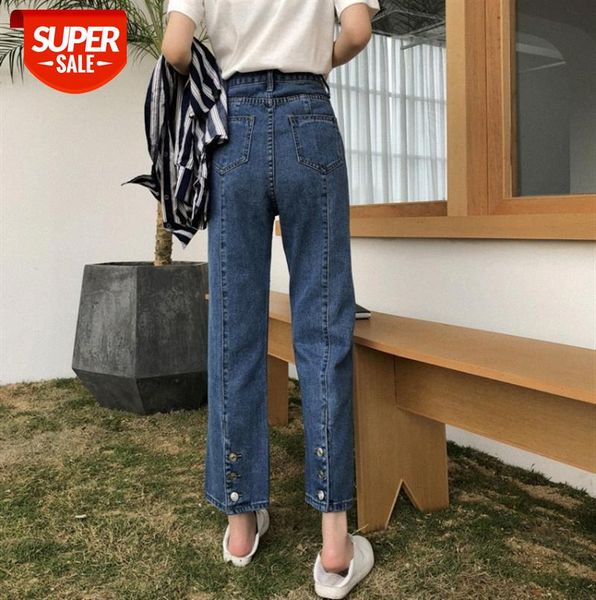 

retro high-waisted straight-leg jeans women's single-breasted slit design simple and western style cropped trousers #ee1b, Black;gray