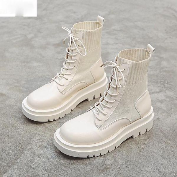 

boots spring women shoes woman fashion flat round pu ankle elastic lace black beige comfortable