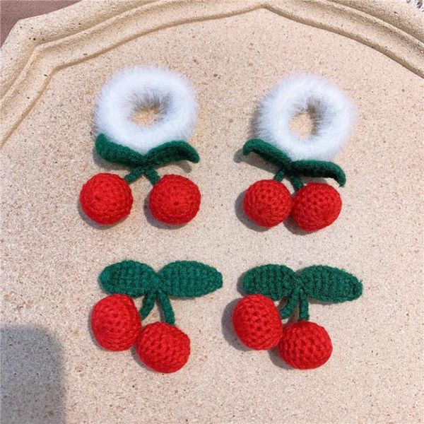 

hair accessories cute knitted elastic bands and clips for girls sweet cherry style rubber band baby kids ties princess wear, Slivery;white