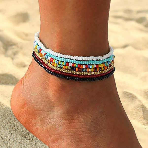 

anklets boho handmade beads multilayered women colorful ankle bracelets beaded bracelet elastic foot hand chain jewelry, Red;blue
