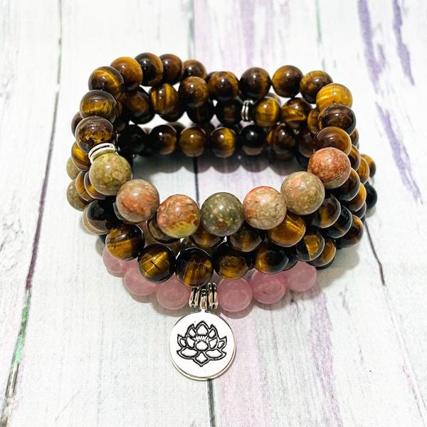 

link, chain sn1539 natural tiger eye 108 mala lotus bracelet stone yoga for women meditation balance jewelry, Black