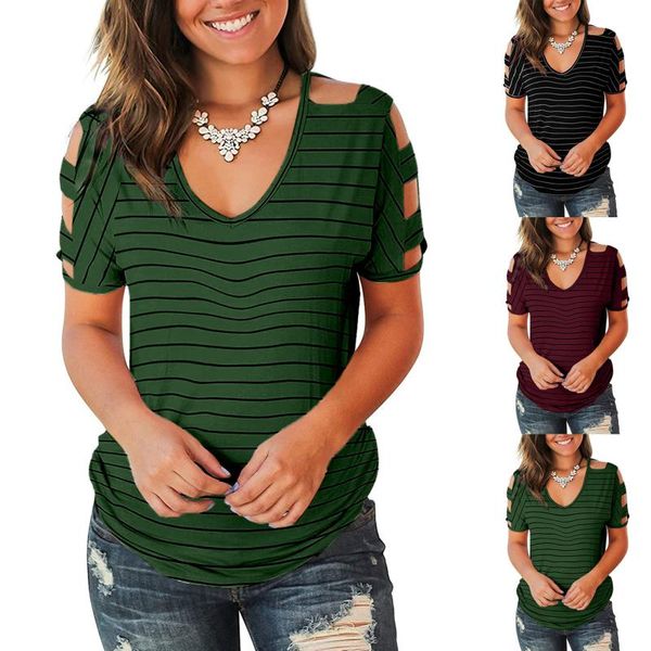 

women's t-shirt stripe printing for women casual short sleeve v-neck hollow out summer clothes camisetas de mujer, White