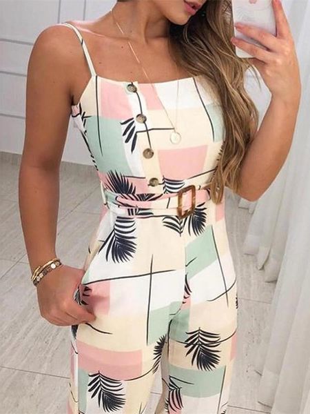 

women's jumpsuits & rompers 2021 beach bohemian pockets women summer spaghetti strap jumpsuit with belt, Black;white