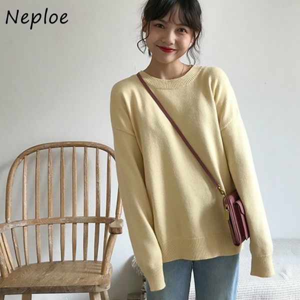 

neploe o neck pullover long sleeve knit sweater women loose causal solid outwear pull femme winter sueter casual 210510, White;black