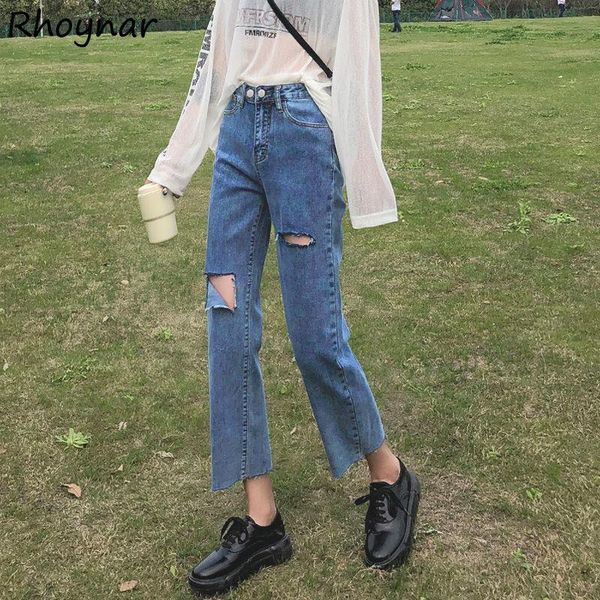 

women's jeans women solid minimalist hole all-match clothing design female fashion elegant holiday pockets high waist students casual, Blue
