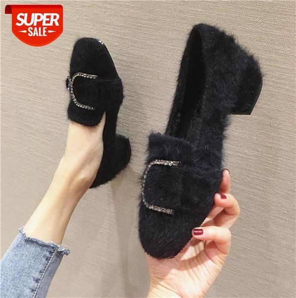 

fur shoes square toe mink flat plus cashmere peas 1288-1 #pz65, Black