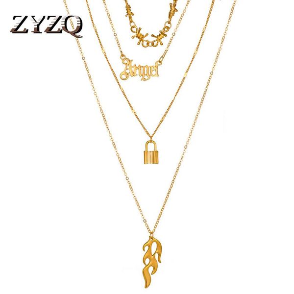 

pendant necklaces zyzq fashion creative retro multilayer thorns necklace for women ins metal letter "angel" lock long clavicle cha, Silver
