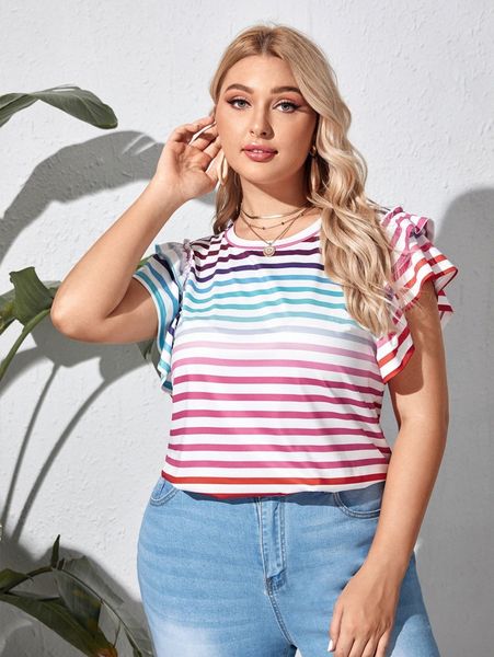 

plus stripe butterfly sleeve tee t1vq#, Black