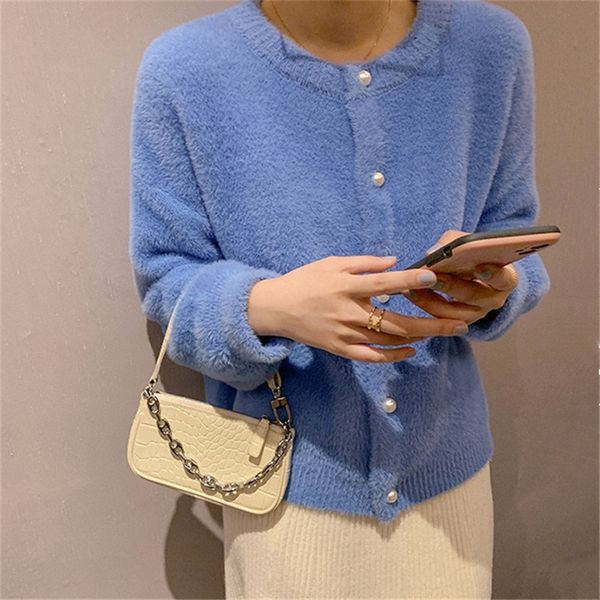 

thicken knitting cardigan women pearl button long sleeve loose jumper winter thick korean streetwear sweater outwear 210419, White;black
