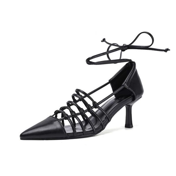 

dress shoes 2021 summer genuine leather women's sandals fashion lace-up gladiator solid ankle strap rome casual, Black