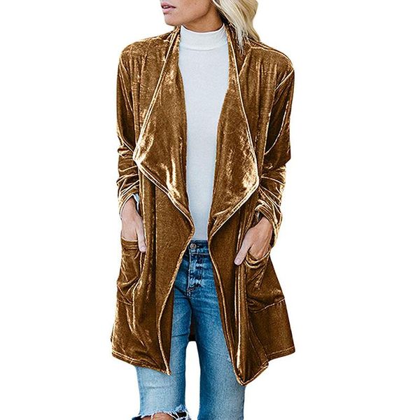 

women's trench coats 2021 winter women coat velvet cardigan lapel long outerwear, Tan;black