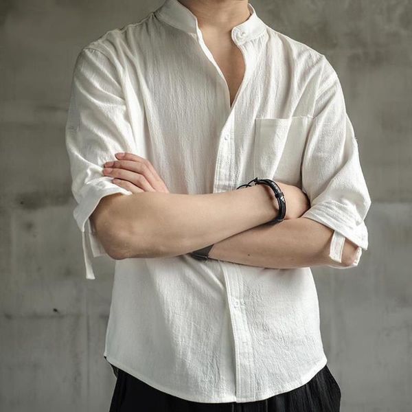 

men's casual shirts linen shirt short-sleeved loose large size chinese style cotton half-sleeved jacket top, White;black