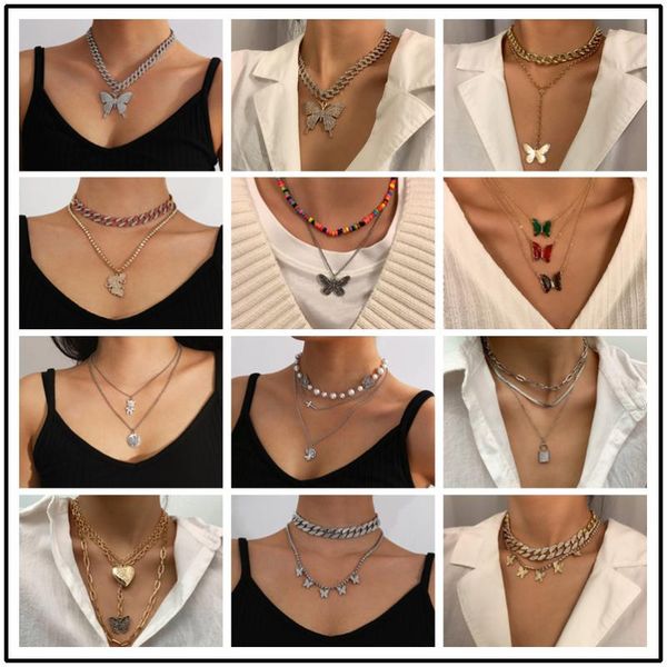 

pendant necklaces fashion necklace retro multi-layer lock trendy thick straps butterfly for women gothic layered, Silver