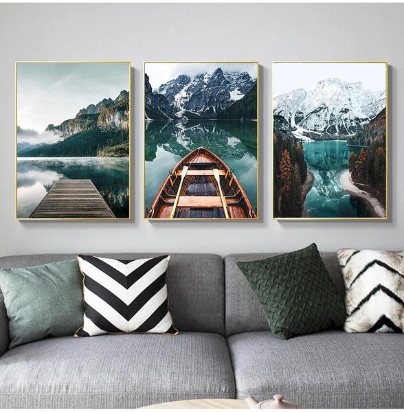 

paintings nordic painting decorative picture modern home decorati scandinavian nature landscape wall art poster mountain lake boat print