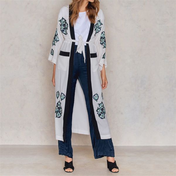 

casual embroidered front open self belted long kimono cardigan plus size boho beachwear clothes women and blouse n1005 210416, White;black