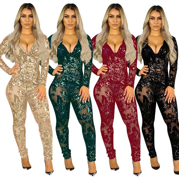 

womens jumpsuits rompers tsuretobe perspective sequins women bodycon party club romper long sleeve overalls deep v-neck outfits fema, Black;white