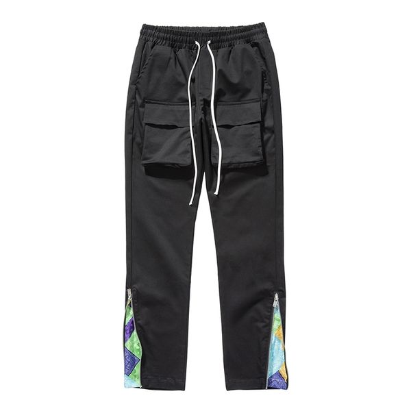 

ankle zipper cashew print pants pockets overalls mens high street drawstring oversize casual trousers hip hop loose cargo, Black