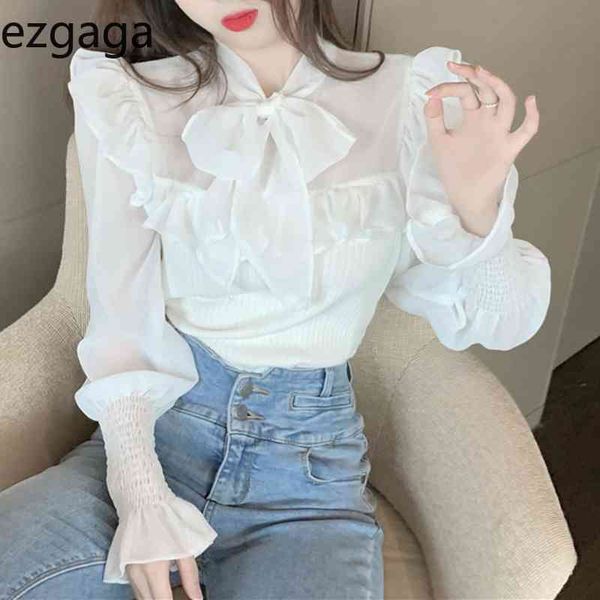 

ezgaga elegant bowknot korean fashion women blouse lace up chiffon patchwork flare sleeve slim office lady shirts all-match 210430, White