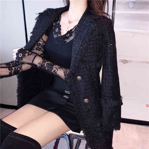 

autumn tweed coats double breasted metal button long sleeve tassel notched collar jacket wool blends blazer women overcoat, Black;brown