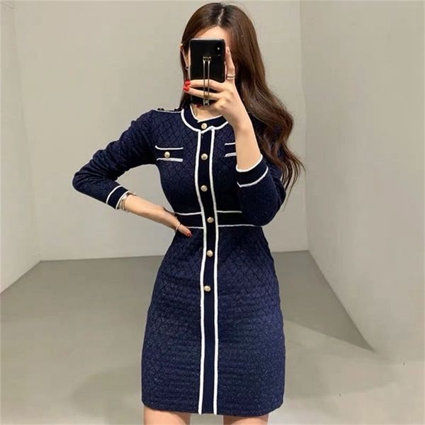 

autumn winter small fragrance knitting dres hit color single-breasted o-neck long sleeve sweater vestidos 211122, Black;gray