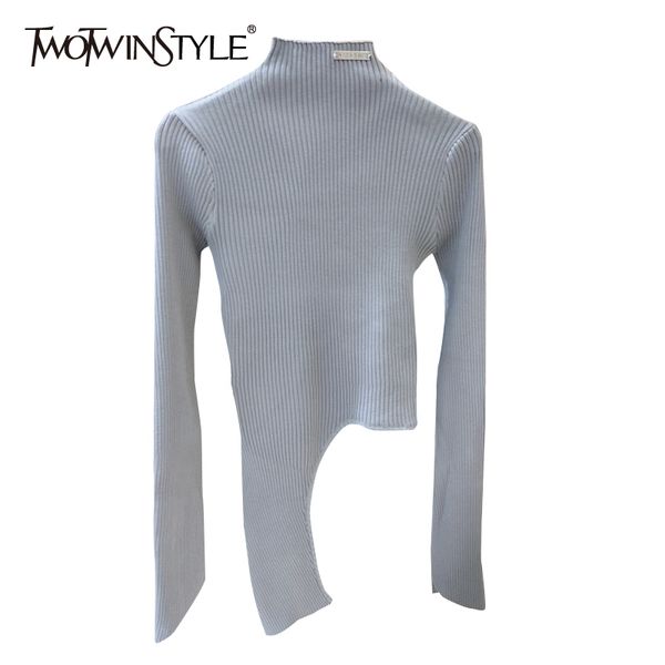 

twotwinstyle asymmetrical black sweater for women turtleneck long sleeve irregular hem knitted female fashion autumn 210517, White;black