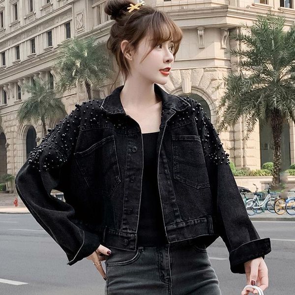 

women's jackets women denim jacket female loose casual beading coat turn down collar womens autumn spring 2021, Black;brown