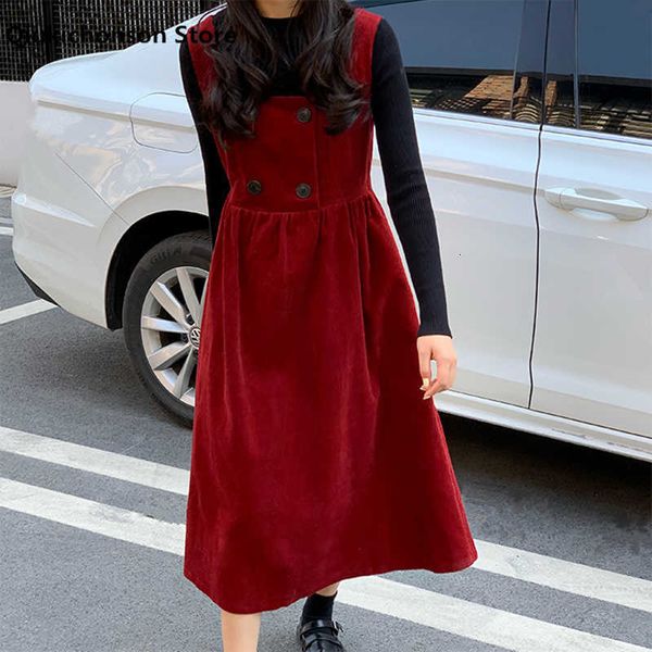 

skirts autumn winter women long midi suspender skirt korean style vintage double-breasted high waist corduroy school girl jupe nmm, Black