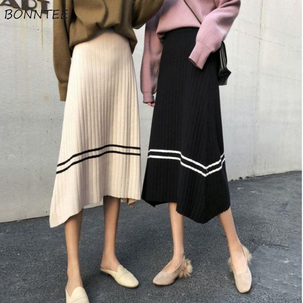 

skirts women patchwork stylish leisure midi all-match knitting students oversized high waist mujer 2021 spring daily 3xl, Black