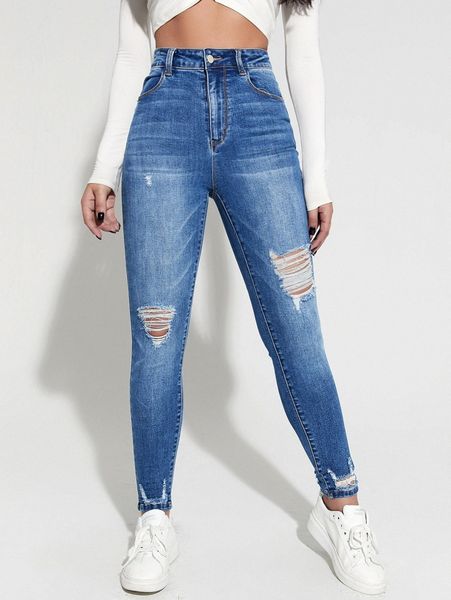 

high waist ripped detail skinny jeans r9qx#, Blue