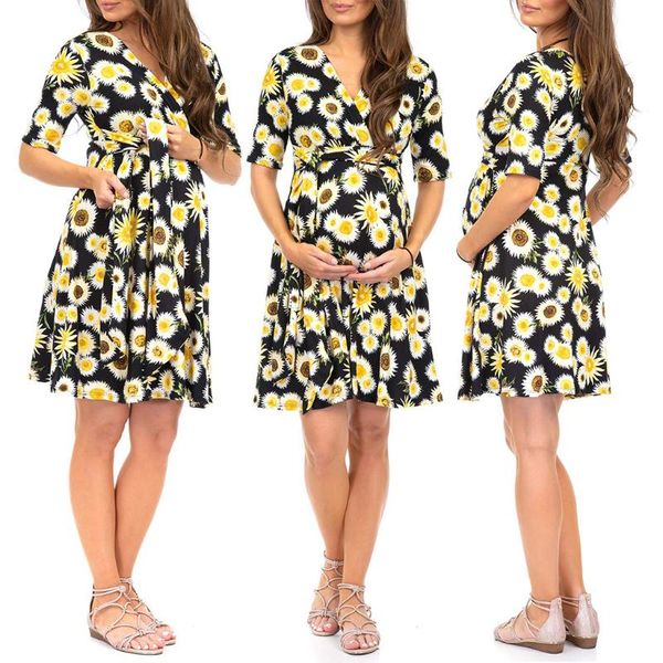 

maternity summer short-sleeved casual skirt mom sunflower print dress v-neck tie women dresses, White