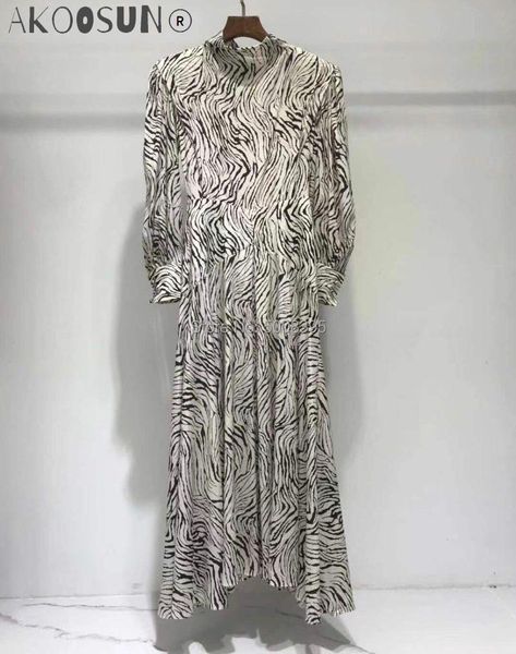 

casual dresses woman black white zebra striped print silk long dress stand collar sleeves puff shoulder pads fashion 2021, Black;gray