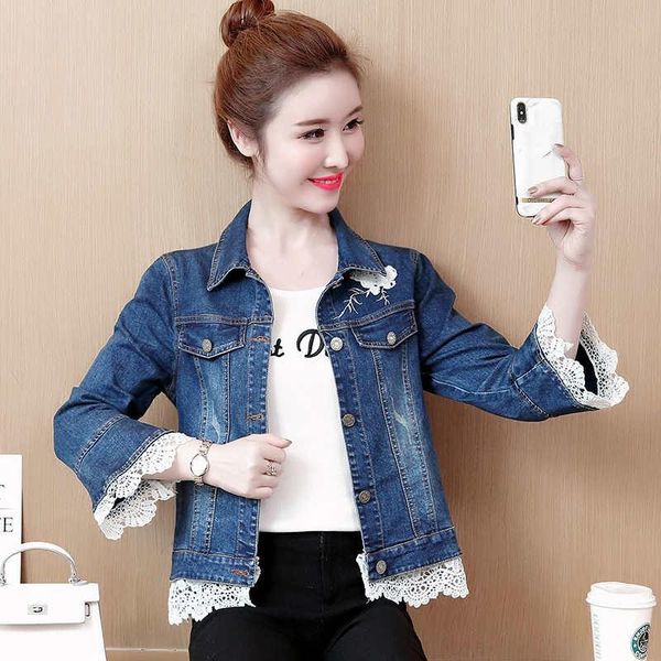 

women's jackets lace stitching short denim jacket women korean style slim embroidery jeans casual coat plus size 3xl c6428, Black;brown