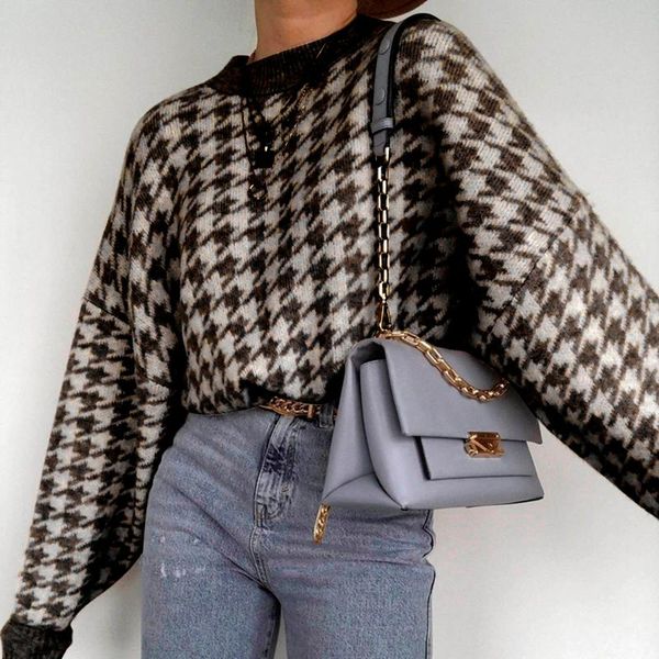 

women geometric khaki knitted sweater casual houndstooth lady pullover female autumn winter retro jumper mujer women's sweaters, White;black