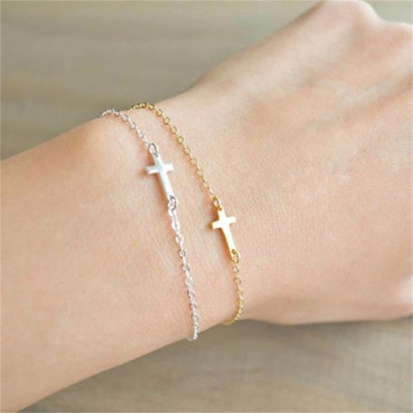 

link, chain fashion sideways cross bracelet individualized asymmetrical for women girls friend gift, Black