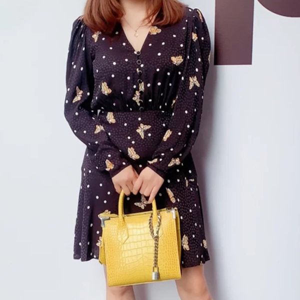 

dress women's long sleeve dresses butterfly print polka dot v-neck single-breasted waist slimming mini dress, Black;gray
