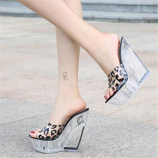 

slippers women fashion shoes thick bottom super high heel 14cm slipper transparent crystal platforms wedges outside slides, Black