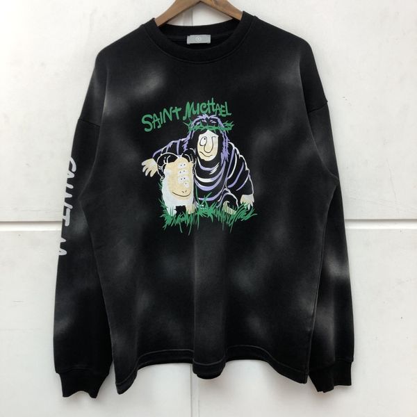 

men's washed high street crewneck hoodies vintage black long sleeve streetwear hip hop printed fleece casual loose fit designer hoodie