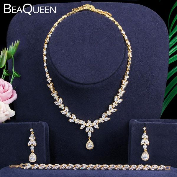 

earrings & necklace beaqueen luxury dubai gold cubic zirconia leaf drop wedding bracelet 3 pcs dress jewelry sets for brides js217, Silver