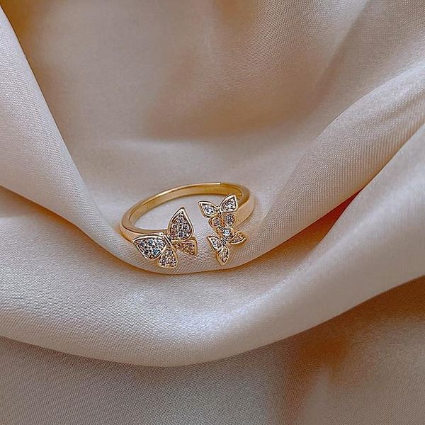 

wedding rings cute female crystal butterfly jewelry gold color open engagement for women charm white zircon valentines day gifts, Slivery;golden