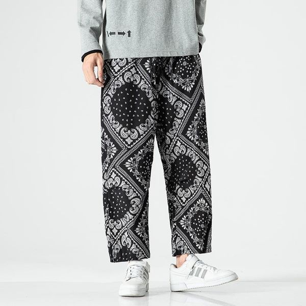 

men's pants summer joggers elastic waist straight cropped trousers fashion casual cashew printed loose sweatpants male plus size, Black
