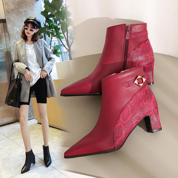 

boots women ankle red beige black block high heels pointed toe chunky zipper lady autumn winter party