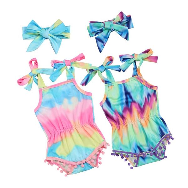 

rompers 0-18m ifant baby girl clothes camisole romper tie-dye print bright colors fur ball tassel decoration summer clothing for girls, Blue