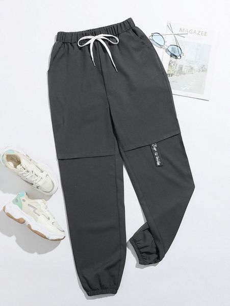 

letter embroidery drawstring waist carrot pants e1lz#, Black;white