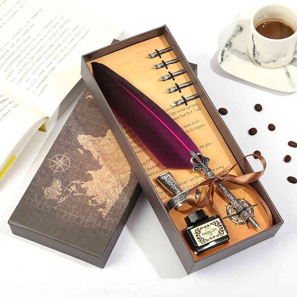 

1set retro calligraphy feather dip writing ink set stationery quill fountain s creative vintage pen drop